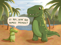 Mascote Jack perguntando para o dinossauro se eles são primos.