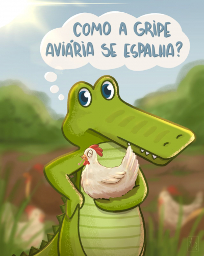Imagem do mascote Jack com uma galinha branca no colo.