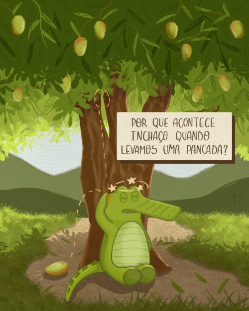 Imagem do mascote Jack embaixo de uma árvore ao tomar uma pancada de uma fruta na cabeça.
