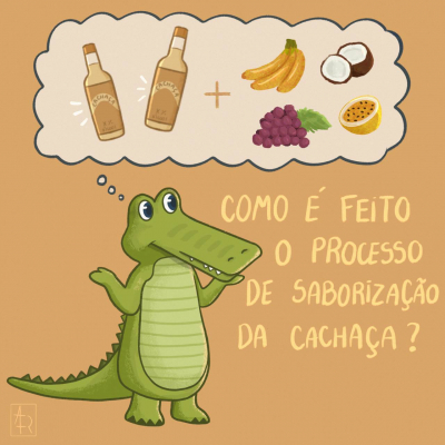 Jack imaginando uma garrafa de cachaça com várias frutas ao lado.