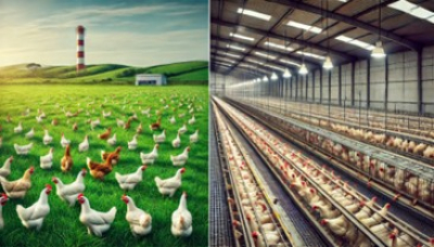 Imagem ilustrativa de produção de ovos caipira (extensiva) e comercial (intensiva)