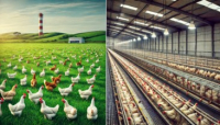Imagem ilustrativa de produção de ovos caipira (extensiva) e comercial (intensiva)