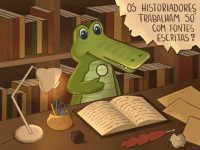 Imagem do Jack numa biblioteca fazendo pesquisas em livros e questionando como os historiadores trabalham.