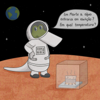 Jacaré Jack com roupa de astronauta em Marte observando uma panela com água no fogo e se questionando se em Marte a água entraria em ebulição e em qual temperatura.