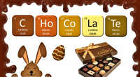 Imagem de um coelho com diversos chocolates e ao fundo alguns símbolos de elementos da tabela periódica.