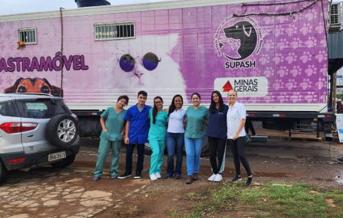 Alunos de Iniciação Científica do curso de Medicina Veterinária do Campus Bambuí do IFMG no projeto de castração, sob a supervisão da docente Michelle de Paula Gabardo.