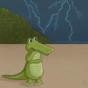 Ilustração do mascote Jack, calçando chinelos de borracha, observando raios em uma praia