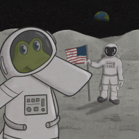 Ilustração do mascote Jack na Lua e de um astronauta com a bandeira dos Estados Unidos
