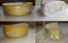 Descrição de imagem: Quatro imagens de queijos embalados por diferentes embalagens. Imagem do canto superior esquerdo apresenta o queijo embalado com papel filme (filme de pvc). Imagem do canto superior direito apresenta o queijo embalado com papel manteiga. Imagem do canto inferior esquerdo apresenta o queijo embalado com redinha (nylon). Imagem do canto inferior direito apresenta o queijo embalado à vácuo.