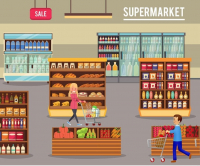 Ilustração de supermercado com diversos alimentos e dois clientes