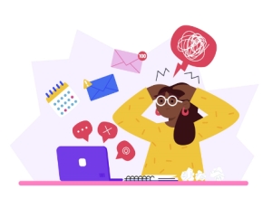 Ilustração de uma pessoa frustrada com um grande volume de informações