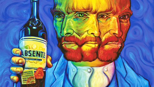 Ilustração de uma imagem do Vincent Van Gogh segurando uma garrafa de absinto.