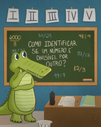 Imagem do mascote Jack de frente para uma lousa questionando como identificar se um número é divisível por outro.