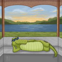 Descrição de imagem: Desenho do jacaré Jack, mascote do IFMG Campus Bambuí, usando um óculos de sol preto e deitado em um banco. Ao fundo temos a paisagem do por do sol sobre a lagoa do campus.