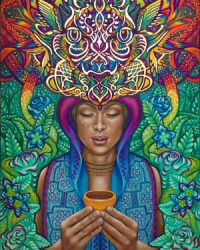 Descrição de imagem : ilustração de uma mulher  de pele parda, com os olhos fechados segurando com as duas mãos a bebida Ayahuasca a sua frente. Ela está vestindo um manto estampado em tom de azul com capuz rosa. Saindo de sua cabeça e preenchendo toda a imagem  temos uma pintura que remete a elementos da natureza e um animal não identificado.