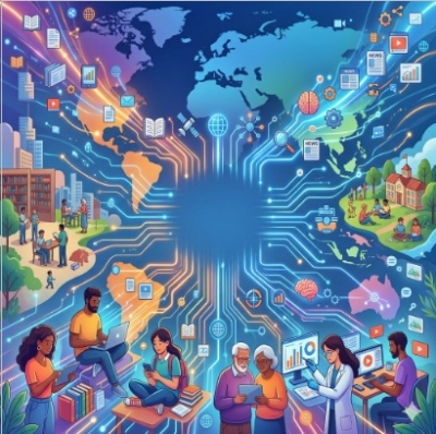 Ilustração colorida em estilo cartoon digital que simboliza a democratização da informação pela internet